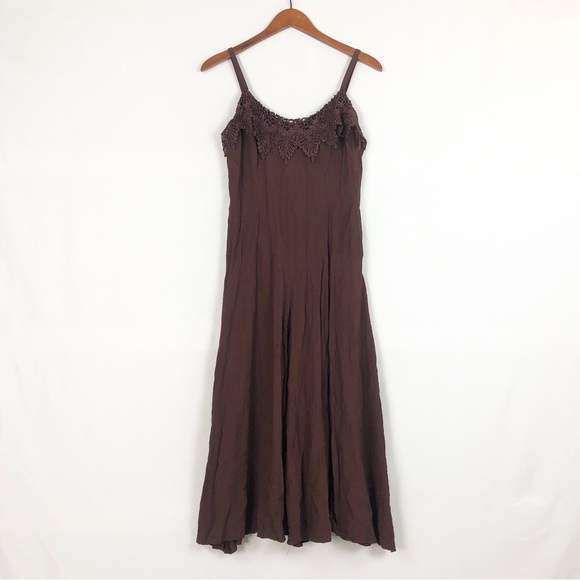 Vintage 90s Sue Wong Floral Lace Trim Maxi Dress Brown Size L USA Swing